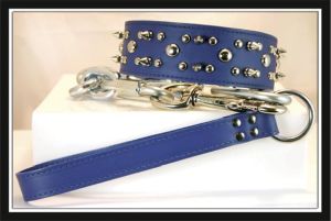 Leather Brothers - 2" Dee-in-Front Signature Tapered Spike Studded Collar - Blue - 27" Length